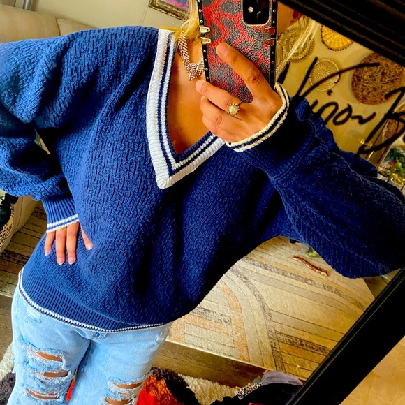 Vintage sweater. Blue with white stripes. Super soft and comfy. - Picture 1 of 4
